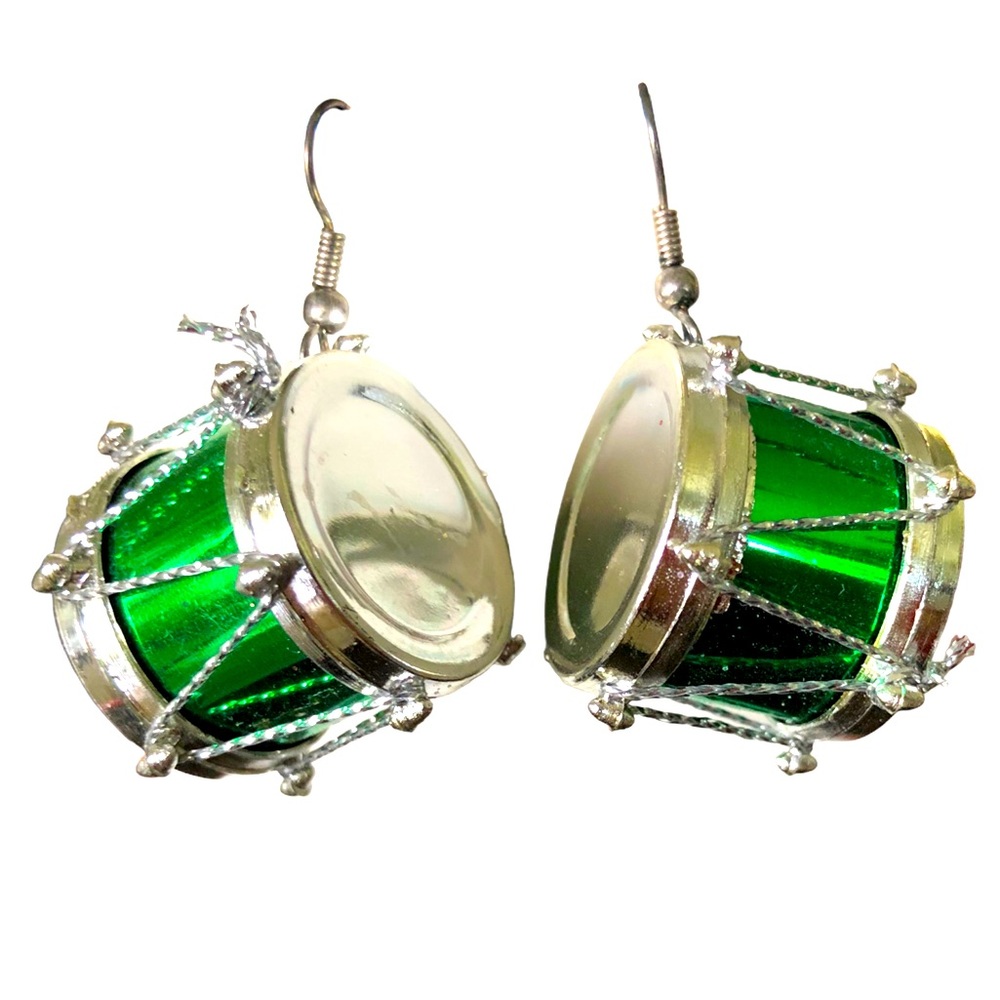 Drum earrings green music instrument holiday marching band